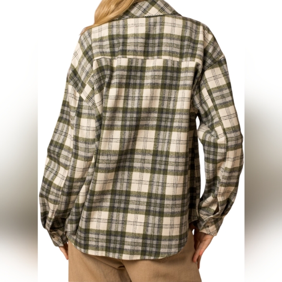 Cotton Bleu Women's Button-Down Shacket - Ivory/Olive Combo Plaid - Picture 2 of 5